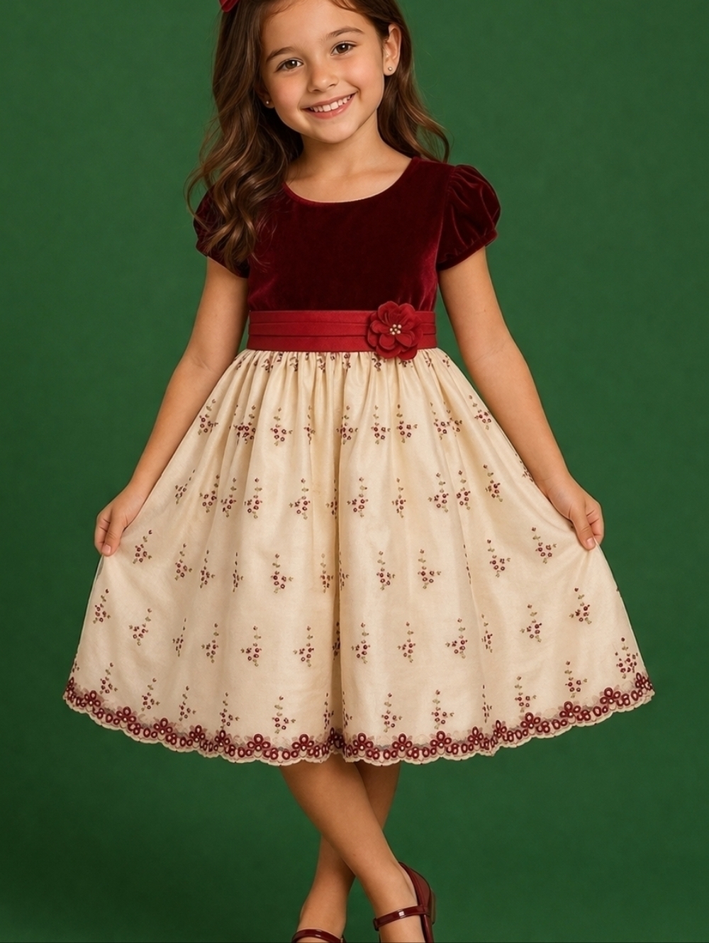 Cinderella Maroon Velvet Floral Embroidered Lace Bow Tie Back Valentine's Dress